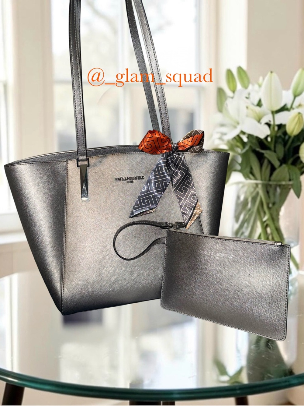 3FER Karl Lagerfeld Park Metallic Silver Tote with Matching Pouch & Accent Scarf - Picture 1 of 16